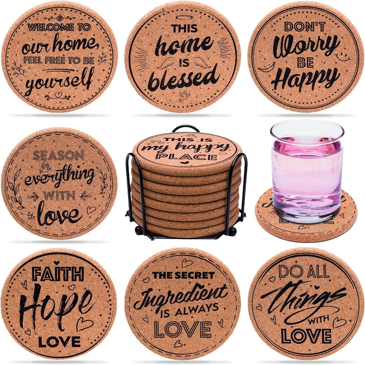 Cork Coasters for Drinks Absorbent with Holder - Cute & Funny Set of 8 Large Round Outdoor Cup Wooden Table Protection, Coffee Trivet, Cups and Mugs Cool Drink Coaster Gift